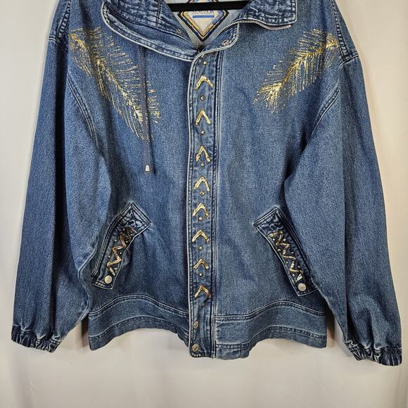 VTG 90s Coat Jacket Large Denim Oversized Puff Paint Embellished Southwestern - Picture 3 of 15